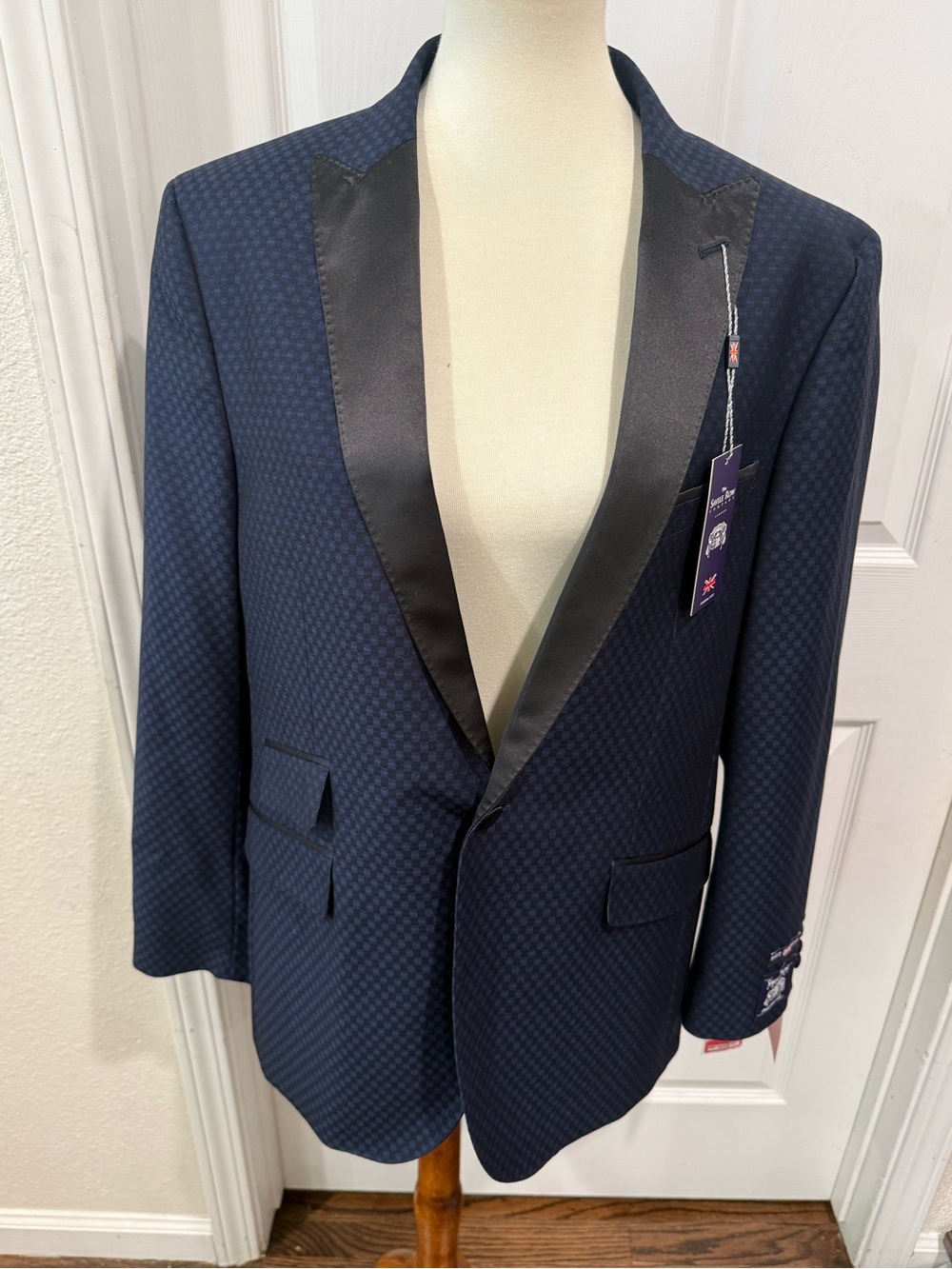 Men's Dark Navy Check Tuxedo Blazer with Black Satin Shawl Lapel